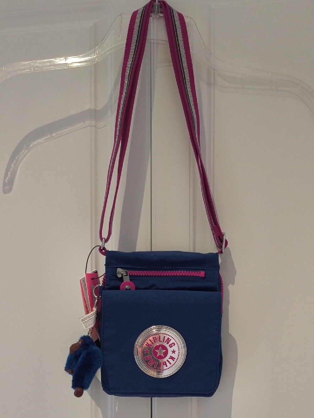 Kipling Compact Navy Crossbody Bag with Pink Trim